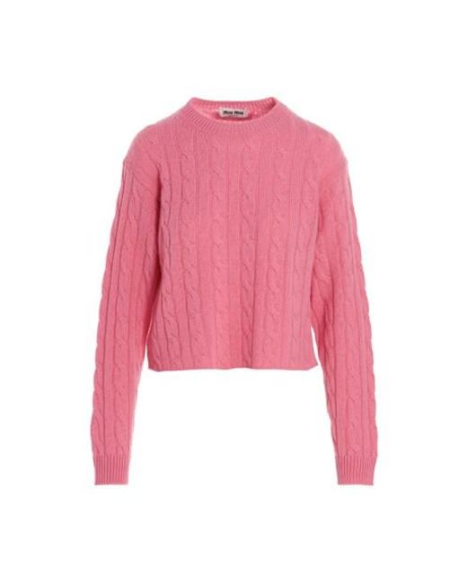 Miu Miu Cashmere Logo Cable Sweater in Pink | Lyst