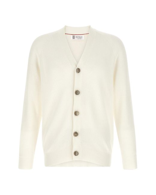 Brunello Cucinelli White English Ribbed Cardigan for men