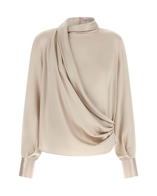Brunello Cucinelli Natural Asymmetric Draped Blouse