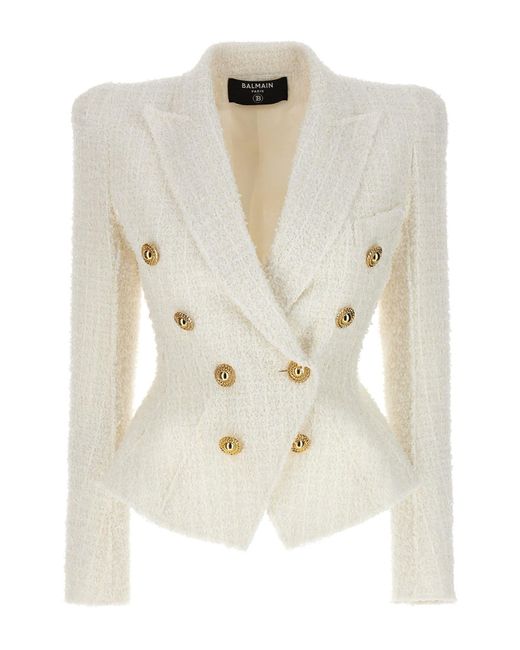 Balmain White Double-breasted Tweed Blazer With Logo Buttons