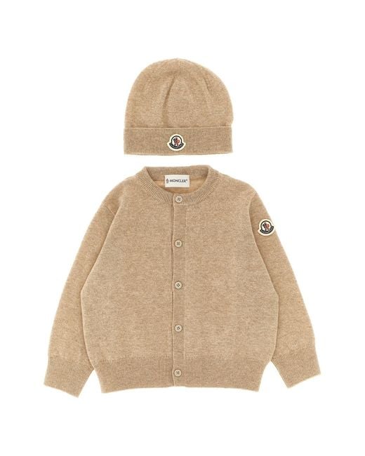 Moncler Natural Cardigan + Logo Embroidery Beanie