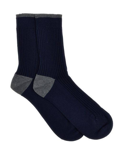 Brunello Cucinelli Blue Ribbed Cotton Socks for men