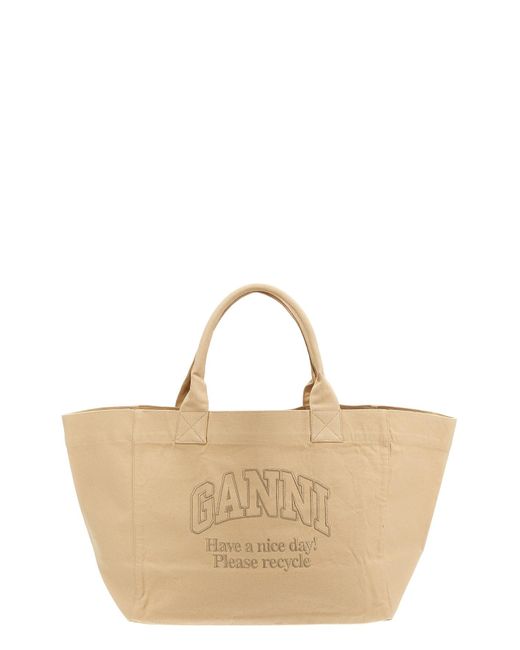 Ganni Natural Oversized Shopping Bag With Logo Embroidery