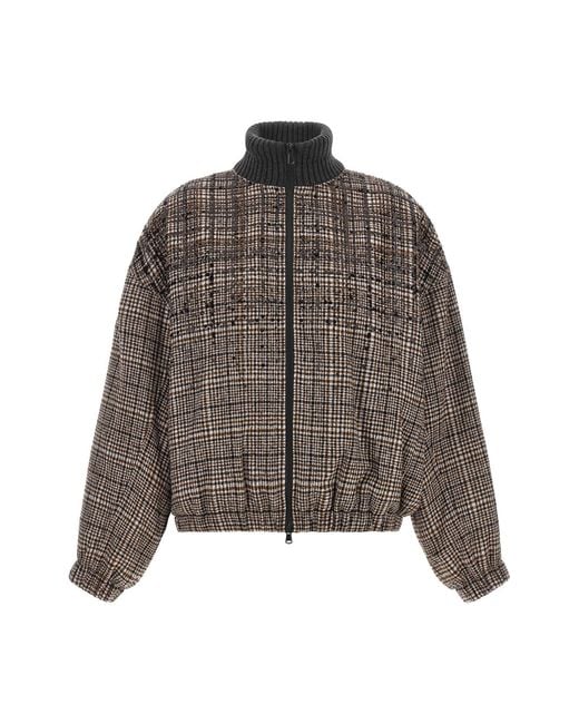 Brunello Cucinelli Brown Sequin Check Bomber Jacket
