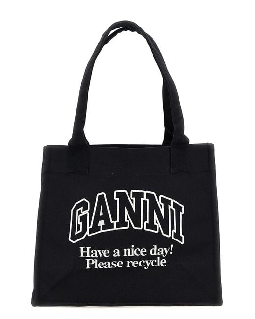Ganni Black 'large Easy Shopper Contrasted Logo' Shopping Bag