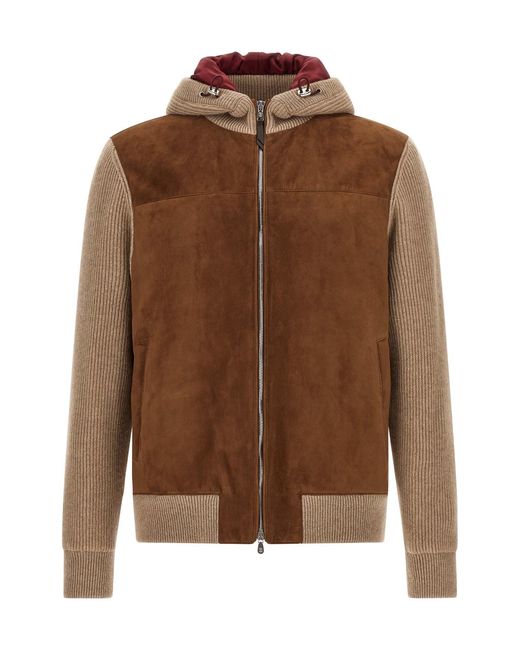 Brunello Cucinelli Brown Suede And Cashmere Bomber Jacket for men