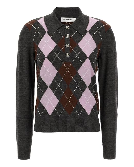 Self-Portrait Black Argyle Lightweight' Sweater