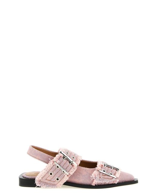 Ganni Pink 'feminine Buckle Fringed Denim' Slingback