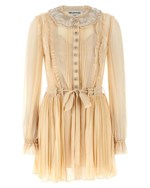 Self-Portrait Natural 'tan Pleated Georgette Mini' Dress