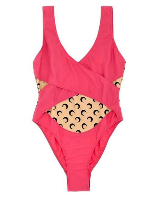 MARINE SERRE Pink 'all Over Moon' One-piece Swimsuit