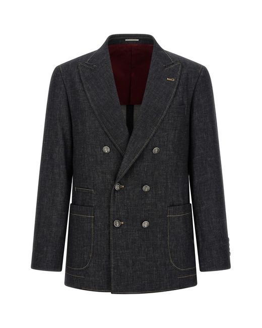 Brunello Cucinelli Black Double-breasted Denim Blazer for men