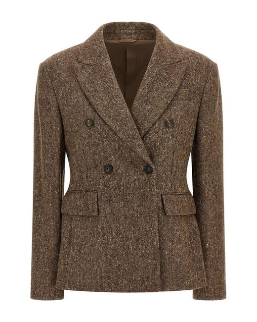 Brunello Cucinelli Brown Donegal Wool Double-breasted Blazer