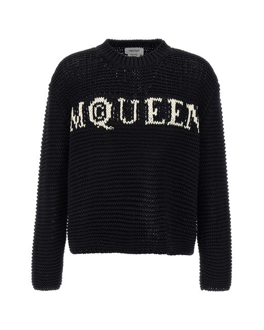 McQueen Black Textured Cotton Sweater With Inlaid Logo for men