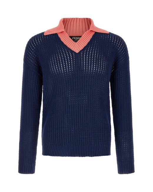 Fendi Blue Cablé Braided Sweater for men