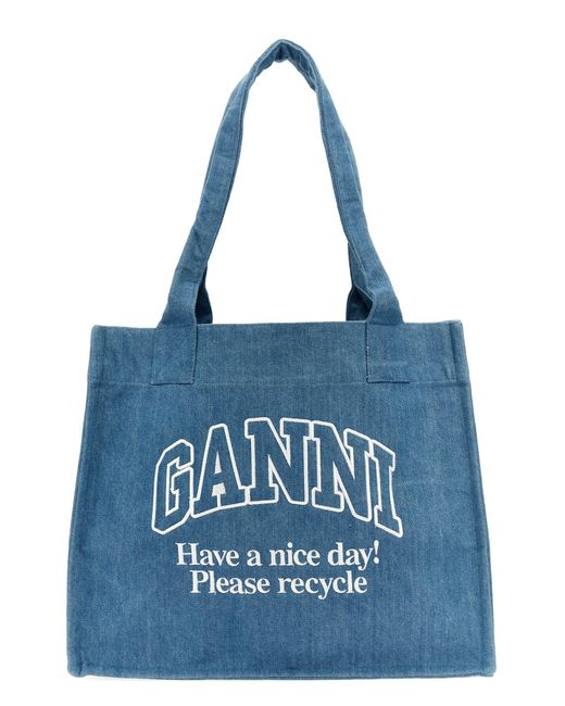 Ganni Blue Logo Embroidery Denim Shopping Bag