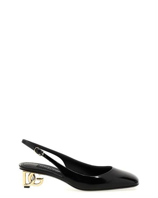 Dolce & Gabbana Black Logo-Heel Patent Leather Slingback Pumps