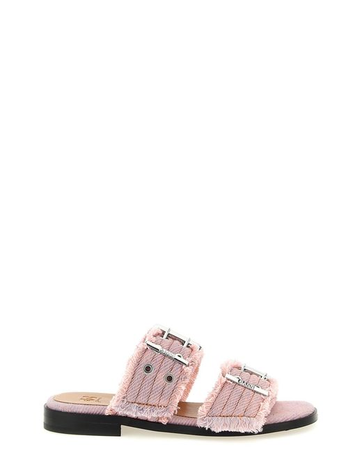 Ganni Pink 'feminine Buckle Fringed Denim' Sandals