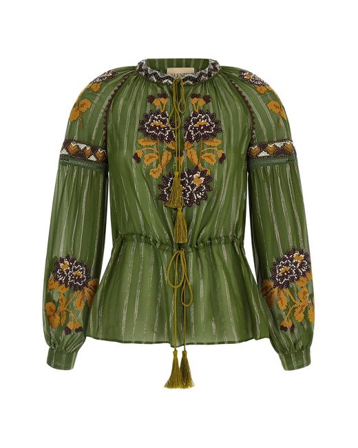Valentino Garavani Green Embroidered Lurex Silk Shirt