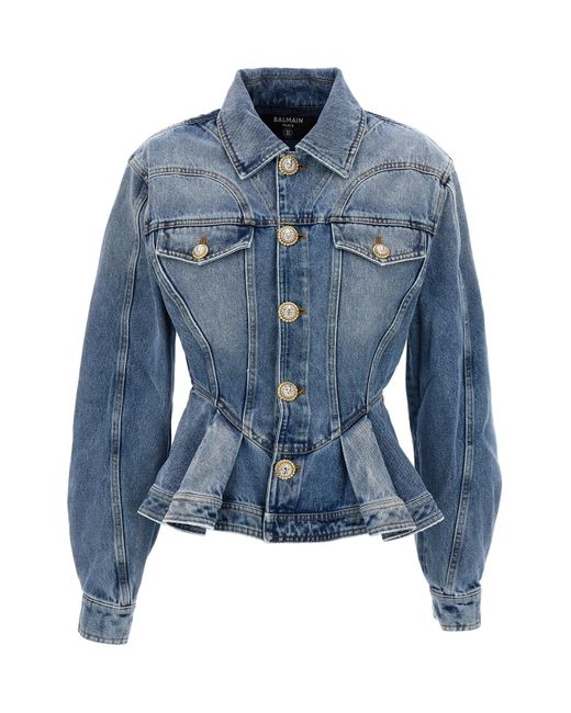 Balmain Blue Peplum Denim Jacket
