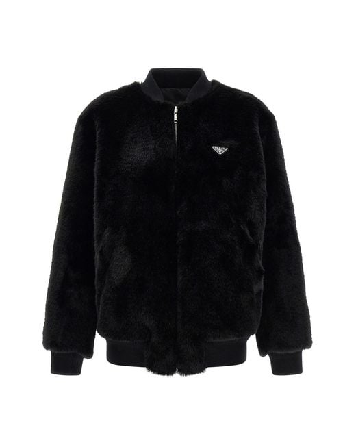 Prada Black Eco-fur And Re-nylon Reversible Bomber Jacket