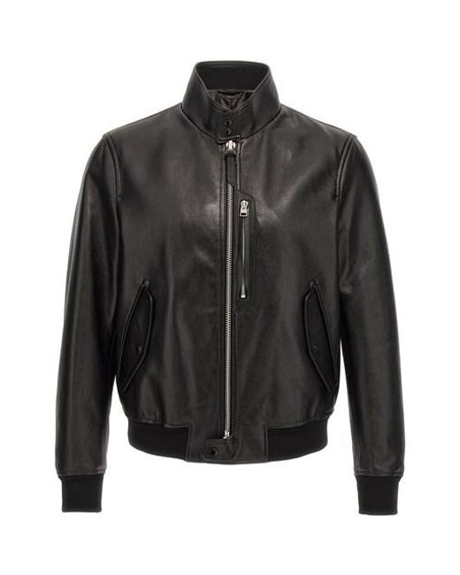 Tom Ford Black Grainy Leather Bomber Jacket for men