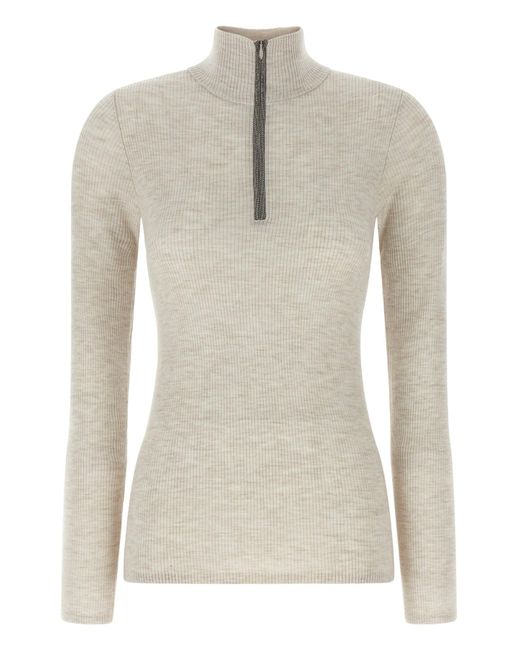 Brunello Cucinelli White Zip Up Sweater