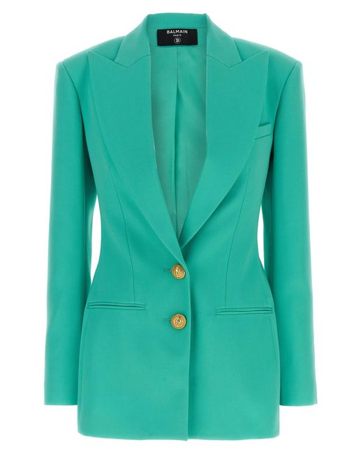 Balmain Green Logo Button Double-Breasted Blazer