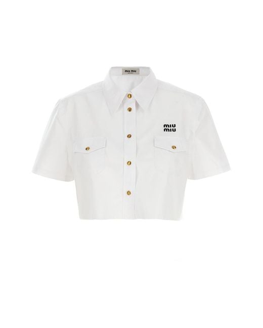 Miu Miu White Cropped Shirt Mit Logostickerei