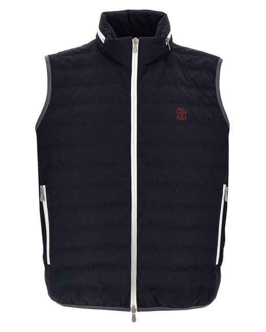 Brunello Cucinelli Blue Sleeveless Nylon Down Jacket With Logo And Removable Hood for men