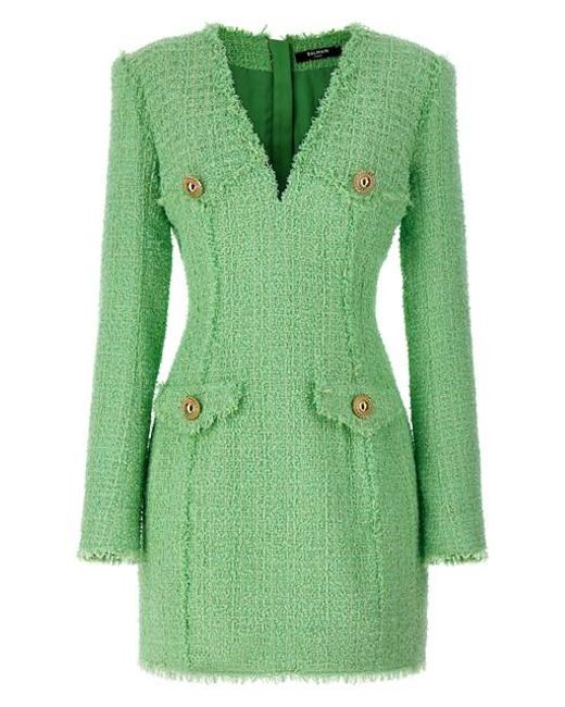 Balmain Green Logo Button Tweed Dress