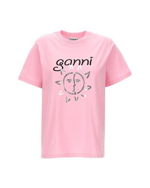 Ganni Pink Logo Print T-shirt