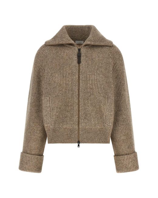 Brunello Cucinelli Brown 'shiny Zipper Pull' Cardigan