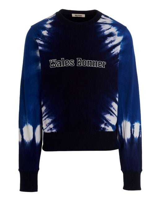 Wales Bonner Blue Logo Embroidery Tie Dye Sweatshirt for men