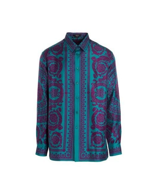 Versace Silk 'barocco Silhouette' Shirt in Blue for Men | Lyst