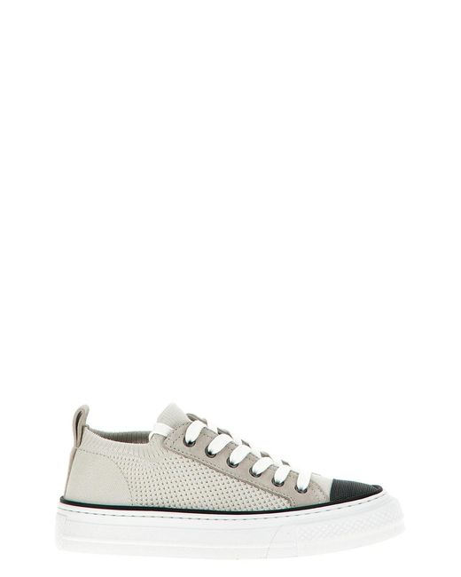 Brunello Cucinelli Natural Sneakers Aus Stretch-Strick Mit Velourslederbesätzen Und Zierperlen