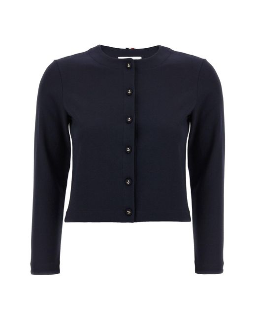 Thom Browne Blue Cropped Cardigan With Button Anchor Motifs