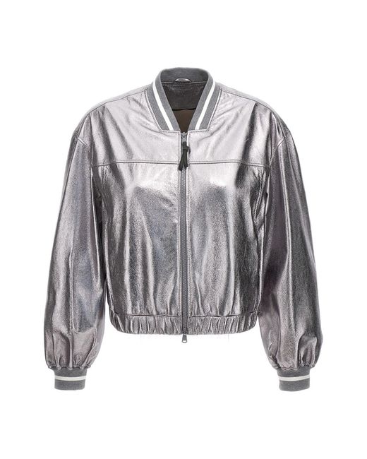 Brunello Cucinelli Gray Leather Bomber Clothing