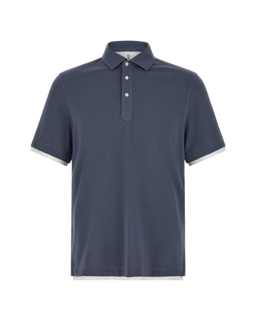 Brunello Cucinelli Blue Double Layer Polo Shirt for men