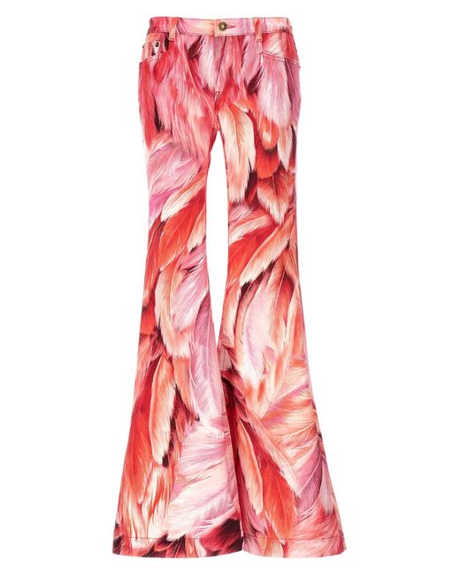 Roberto Cavalli Red Feather Print Trousers