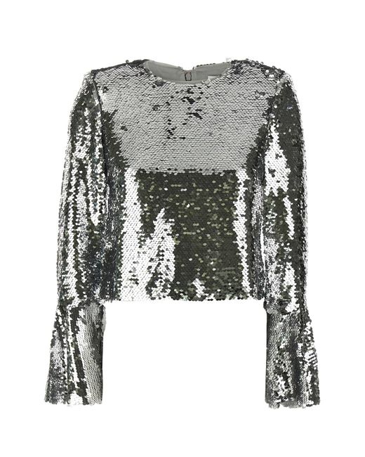 Self-Portrait Gray Top "Silver Sequin Flared Sleeve"