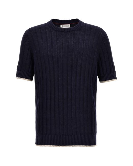 Brunello Cucinelli Blue Ribbed Sweater for men