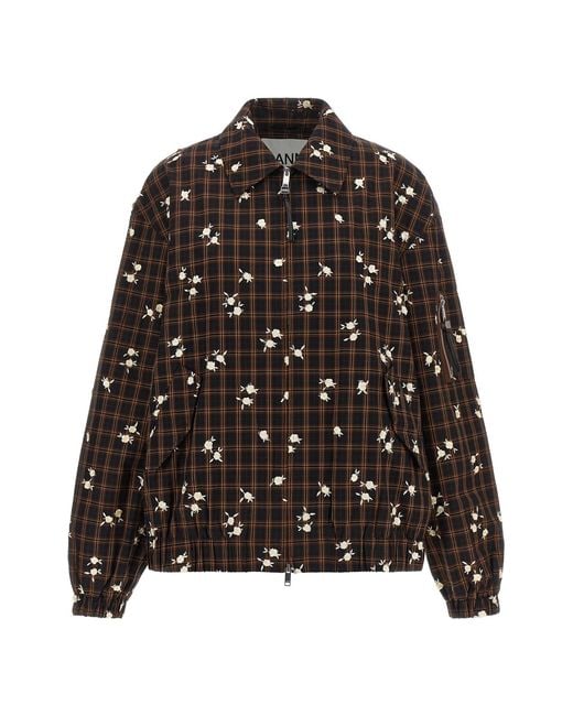 Ganni Black 'check Flower' Bomber Jacket