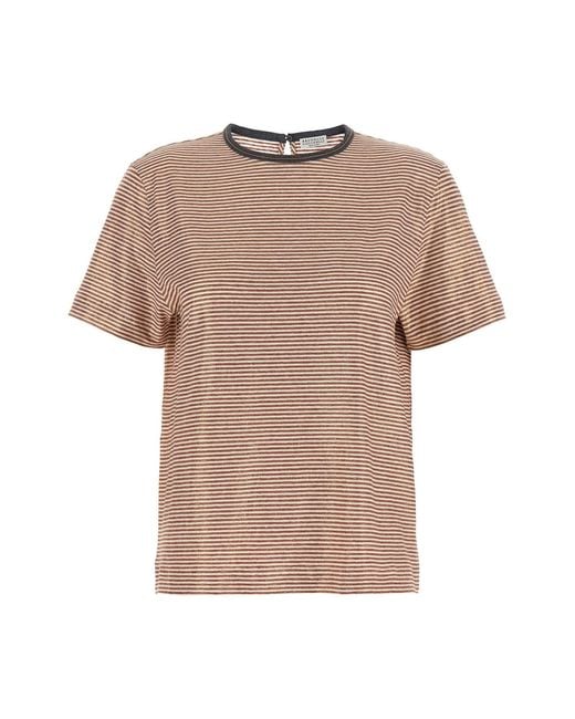 Brunello Cucinelli Natural 'shiny Collar Detail' T-shirt