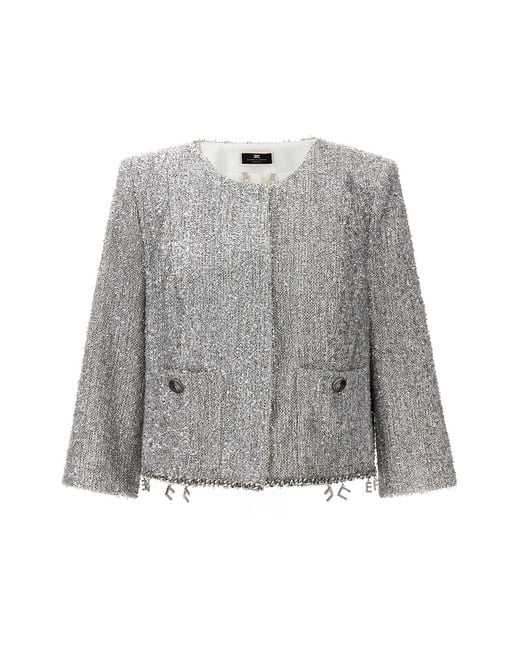 Elisabetta Franchi Gray Lurex Tweed Crop Jacket