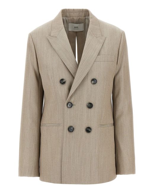 AMI Natural Maxi Split Double-Breasted Wool Blazer