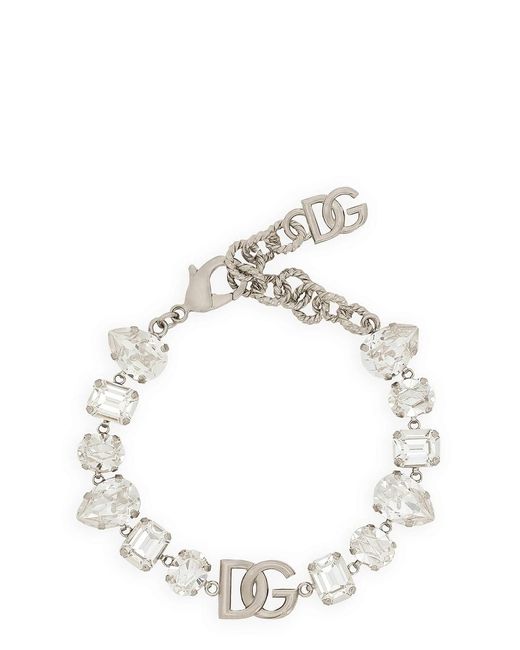 Dolce & Gabbana White Bracelet With Rhinestones And Logo