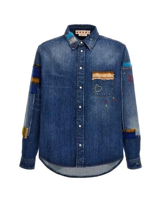 Marni Blue Denim Shirt, Embroidery And Patches for men