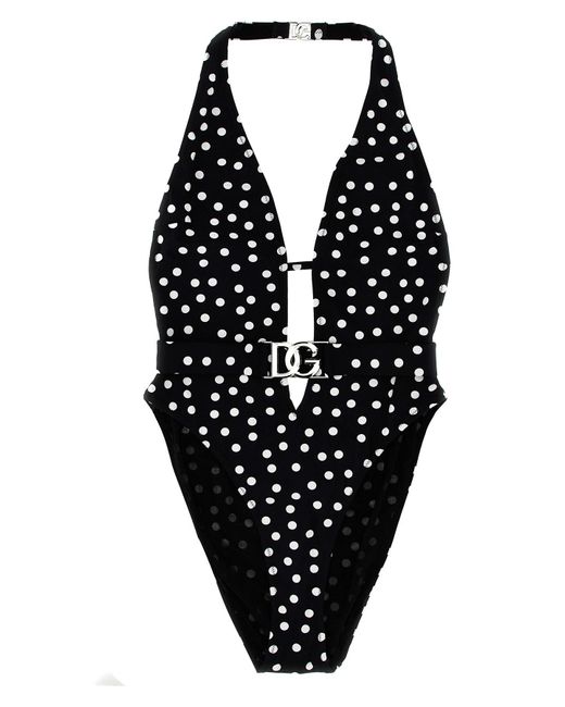 Dolce & Gabbana Black Einteiliger Badeanzug Mit Logo Und Punktmuster