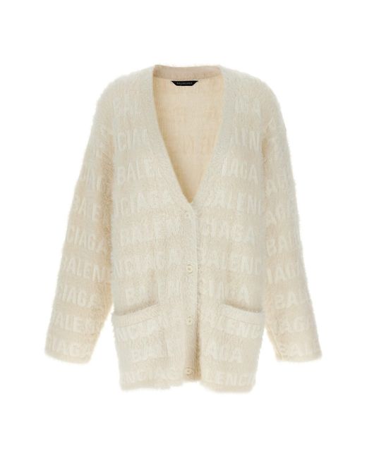 Balenciaga White Furry Logo-Print Wool Cardigan