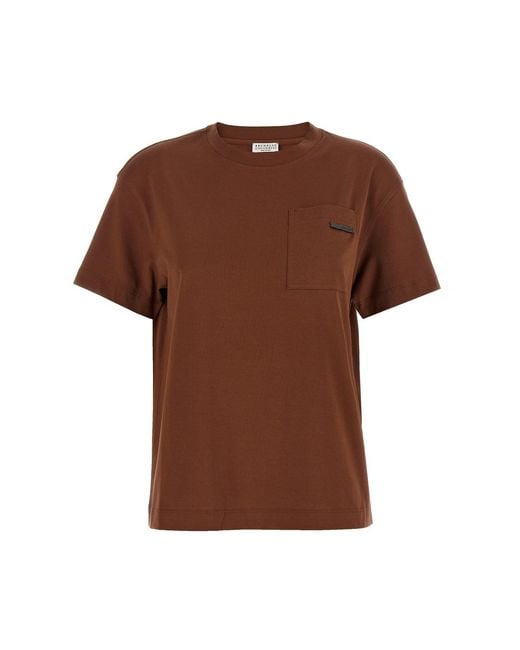 Brunello Cucinelli Brown 'shiny Tab' T-shirt